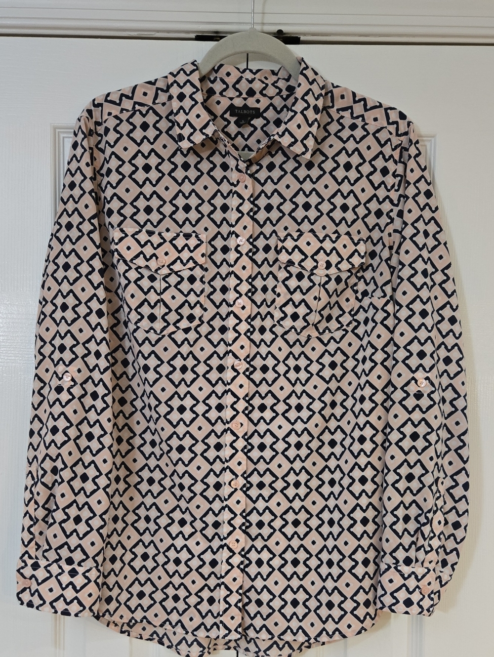 Talbots Pink and Navy Geometric Button-Down Shirt